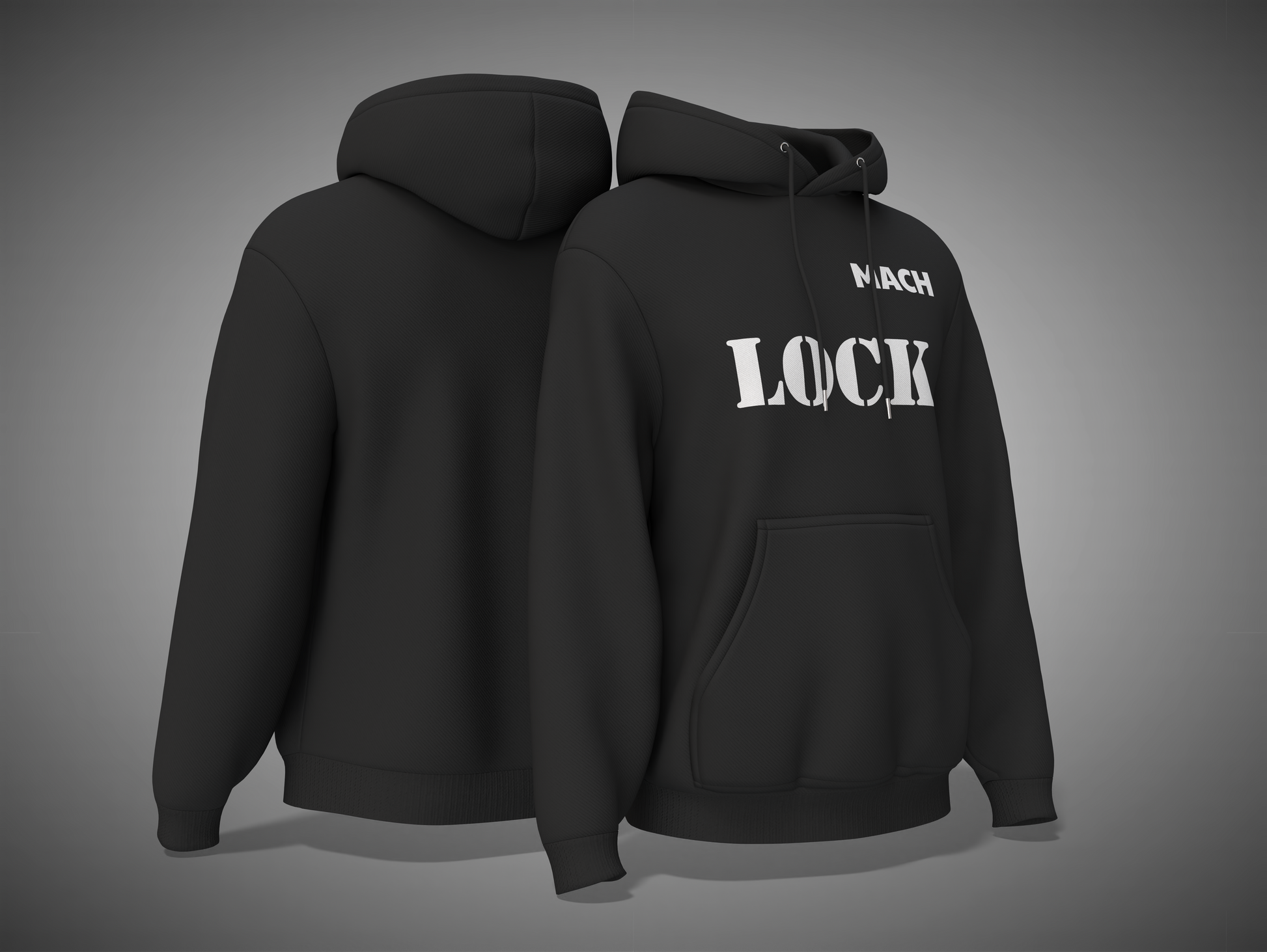 Black hoodie with 'MACH LOCK' text on a gray background