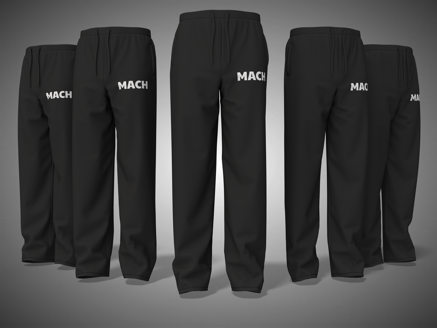 black pants with 'MACH' branding on a gray background