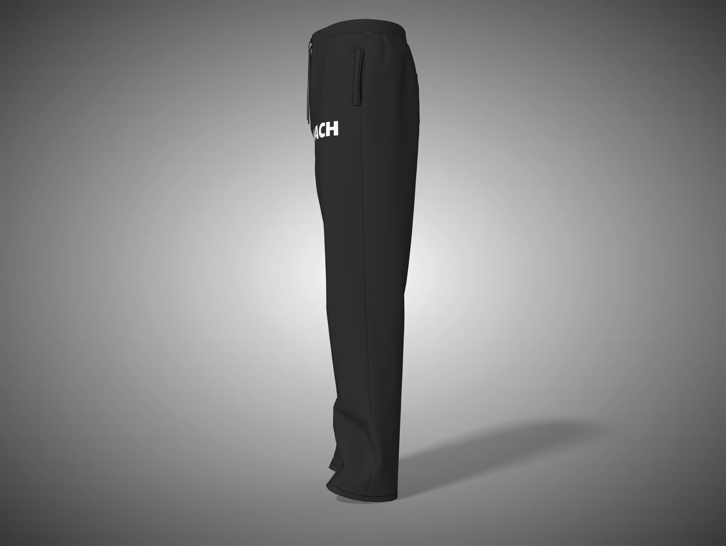 Black knee-high boot with a brand logo on a gray background