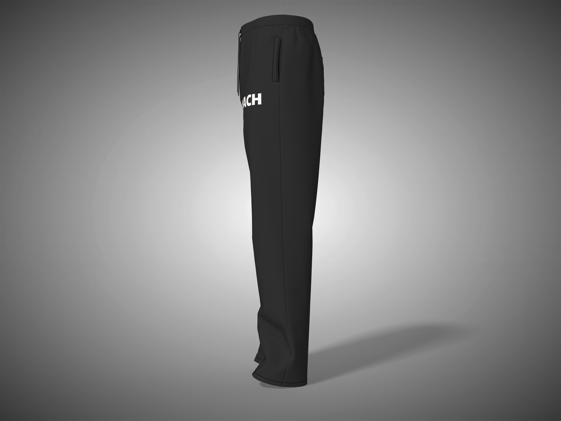Black knee-high boot with a brand logo on a gray background