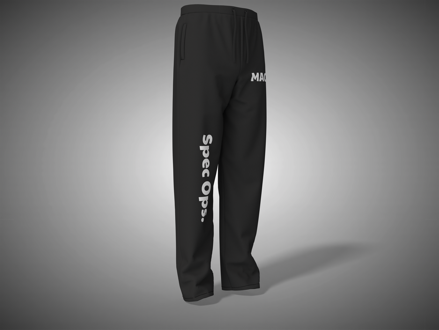 Black pants with 'Spec Ops' text on a gray background