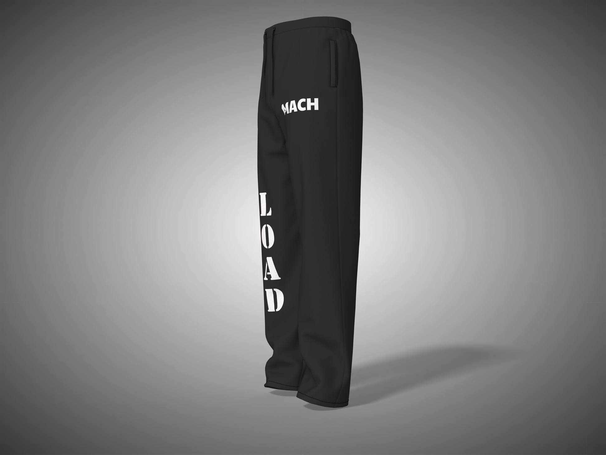 Black pants with white text on a gray background