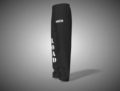 Black pants with white text on a gray background