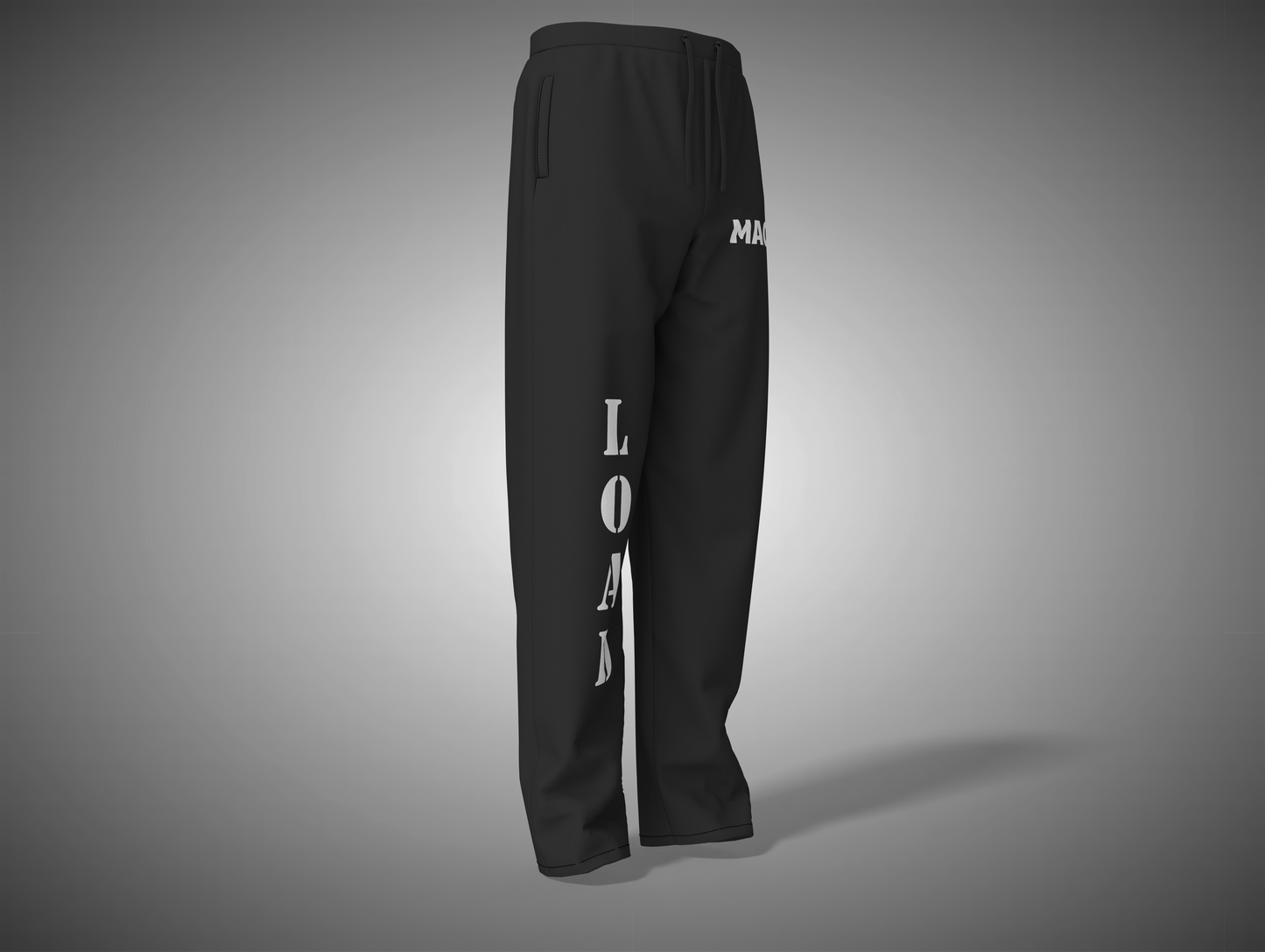 Black sweatpants with white text on a gray background