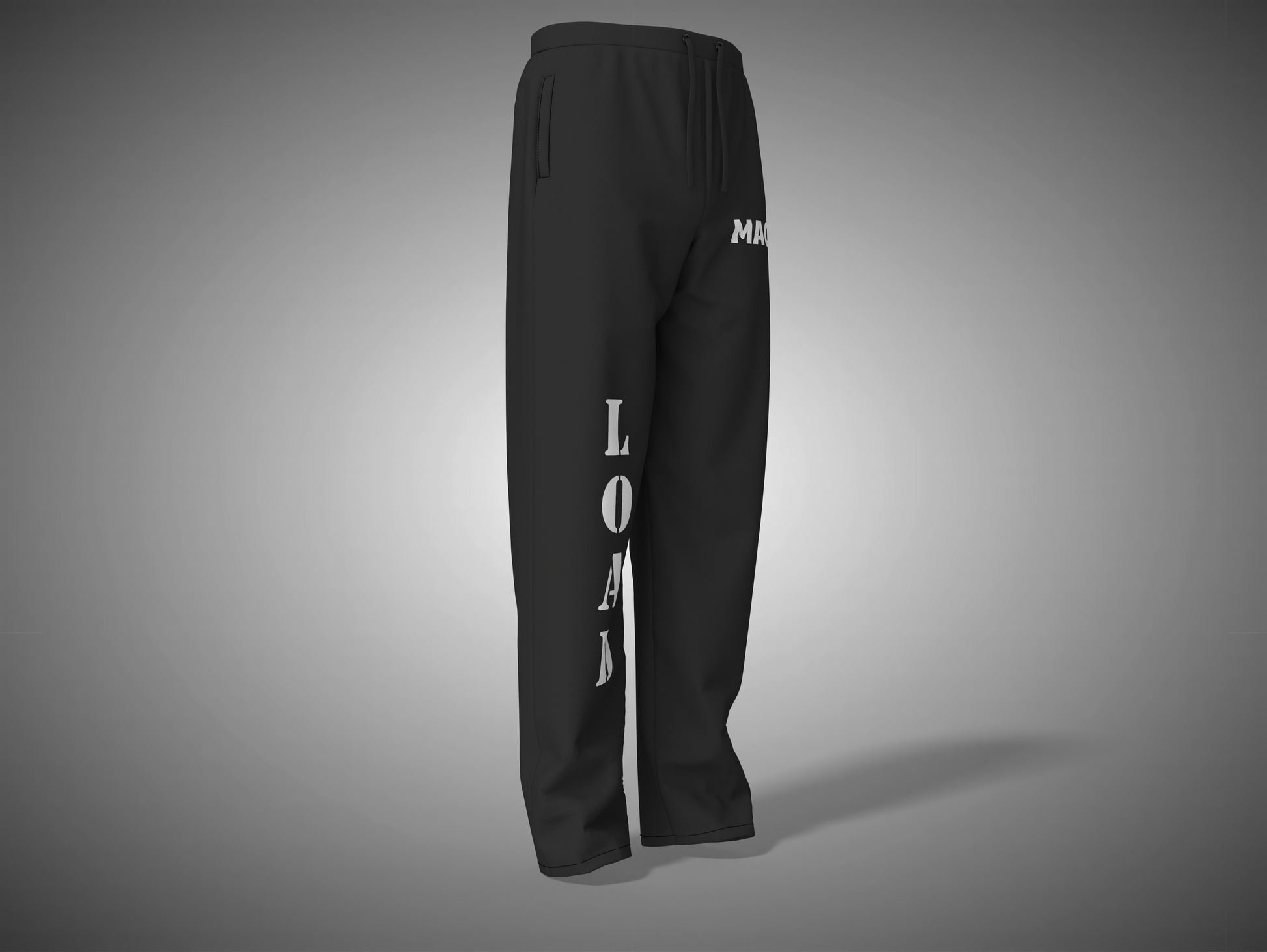 Black sweatpants with white text on a gray background