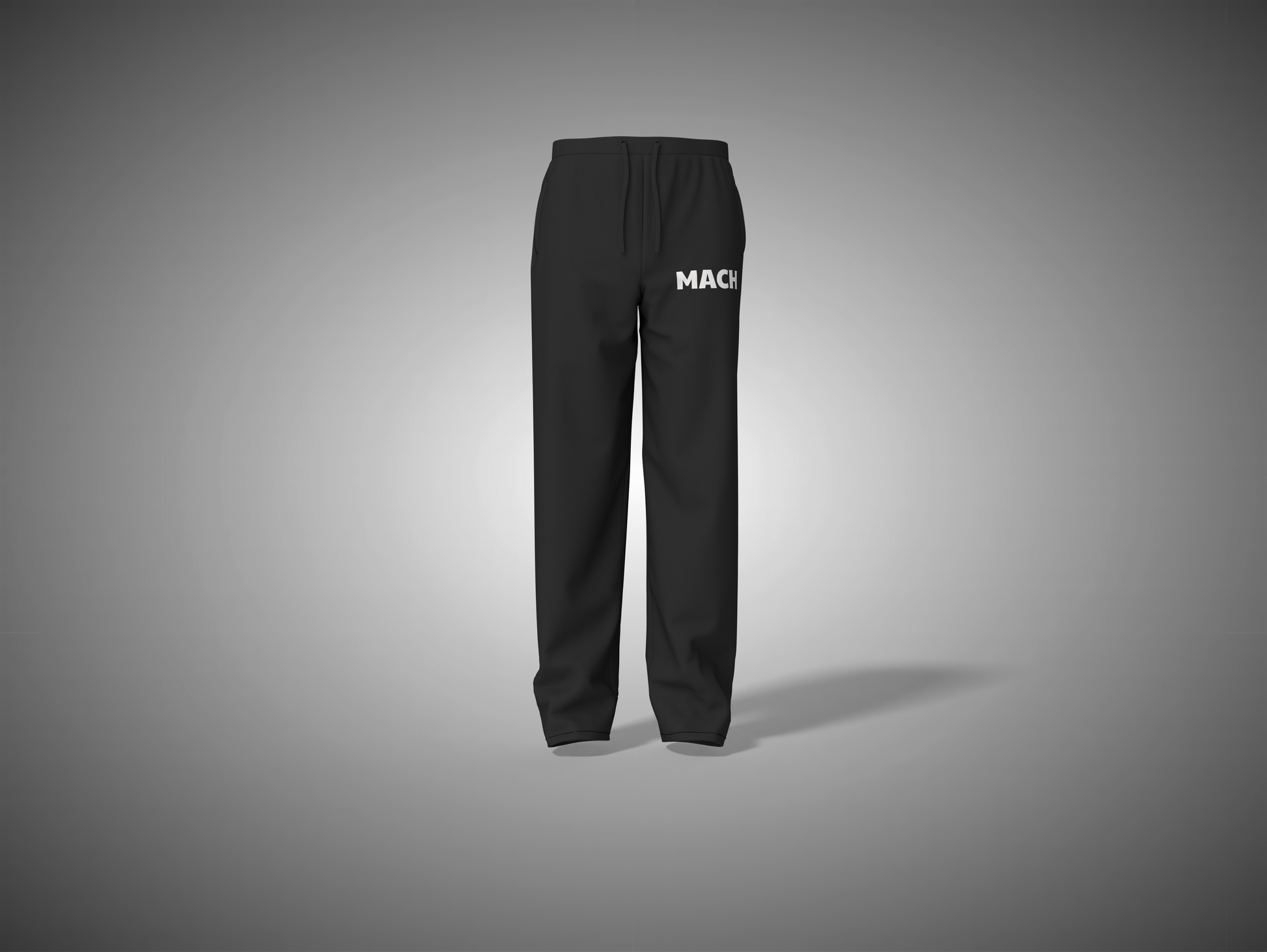 Black pants with white text on a gray background