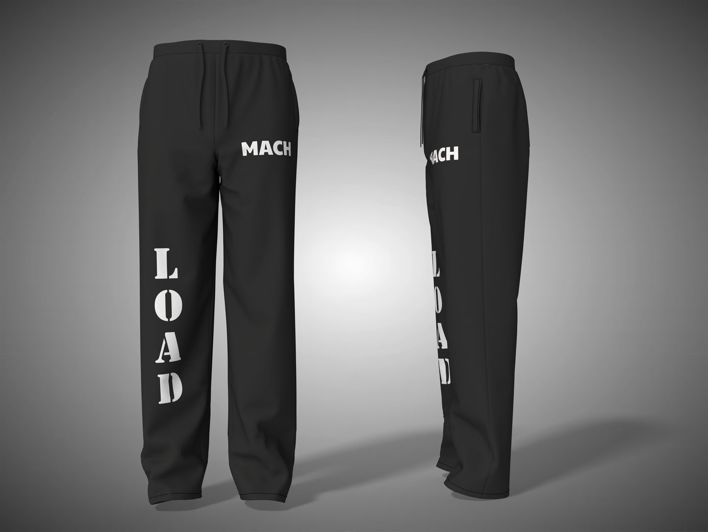 Black pants with 'MACH LOAD' text on a gray background