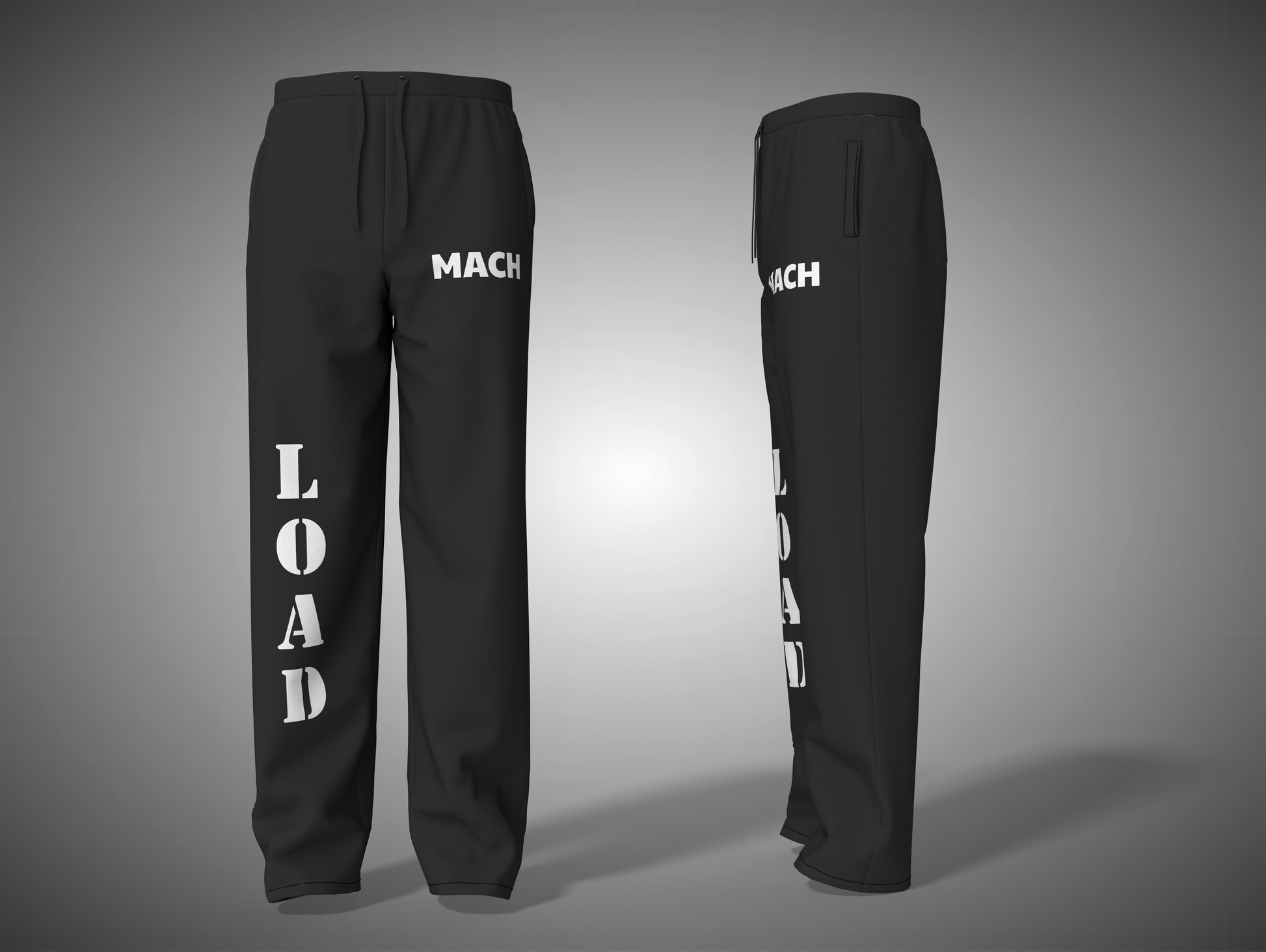 Black pants with 'MACH LOAD' text on a gray background
