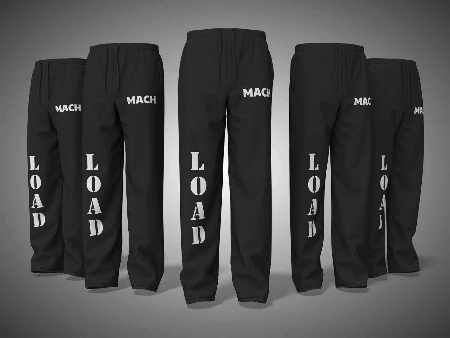 Black pants with 'MACH' and 'LOAD' text on a gray background