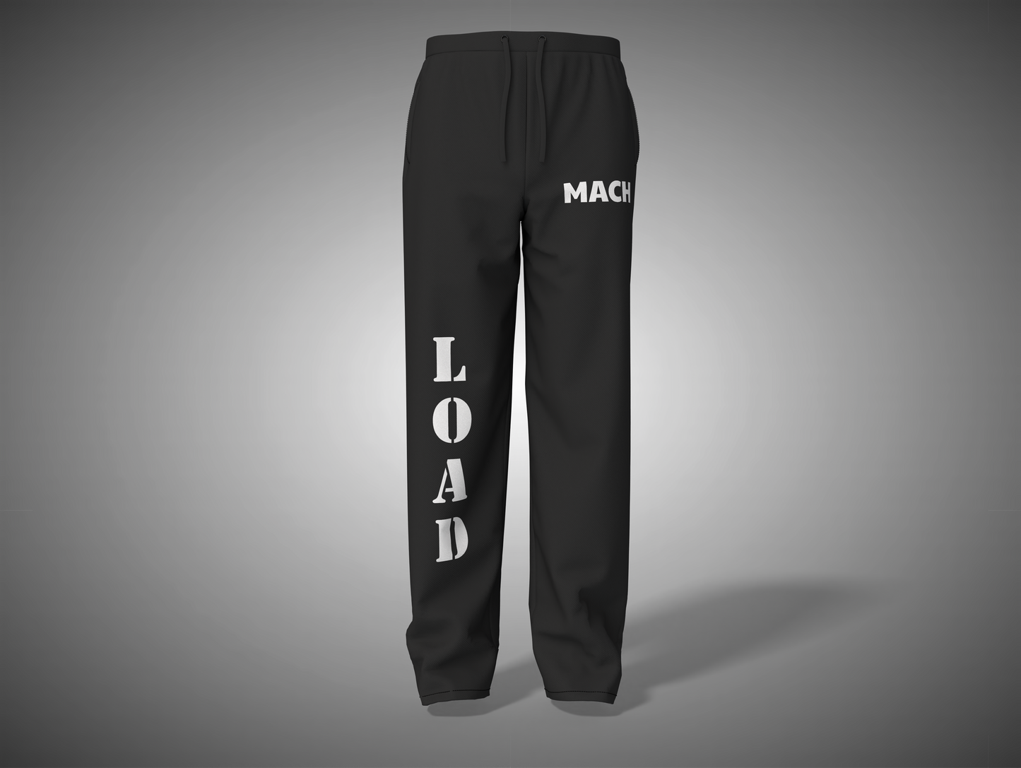 Black sweatpants with white text on a gray background