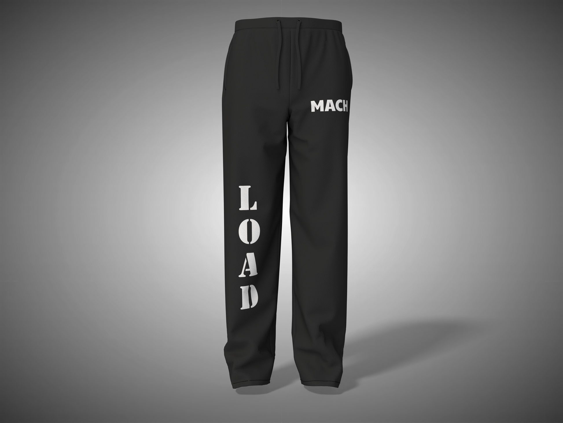 Black sweatpants with white text on a gray background