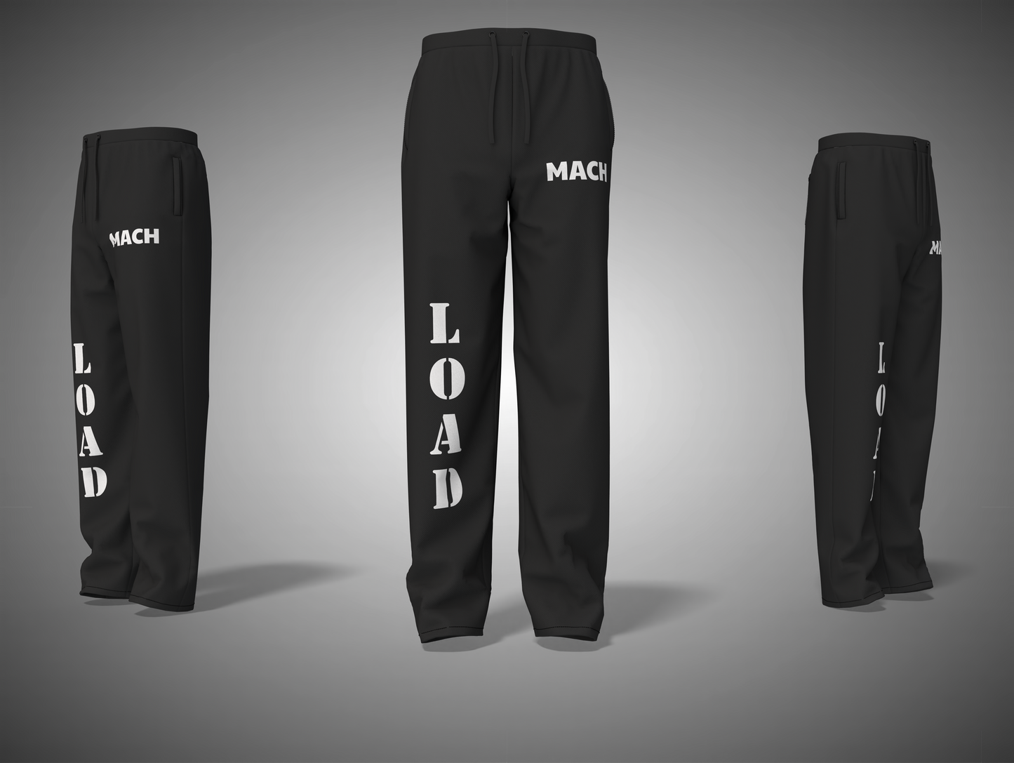 Black pants with 'MACH' and 'LOAD' text on a gray background
