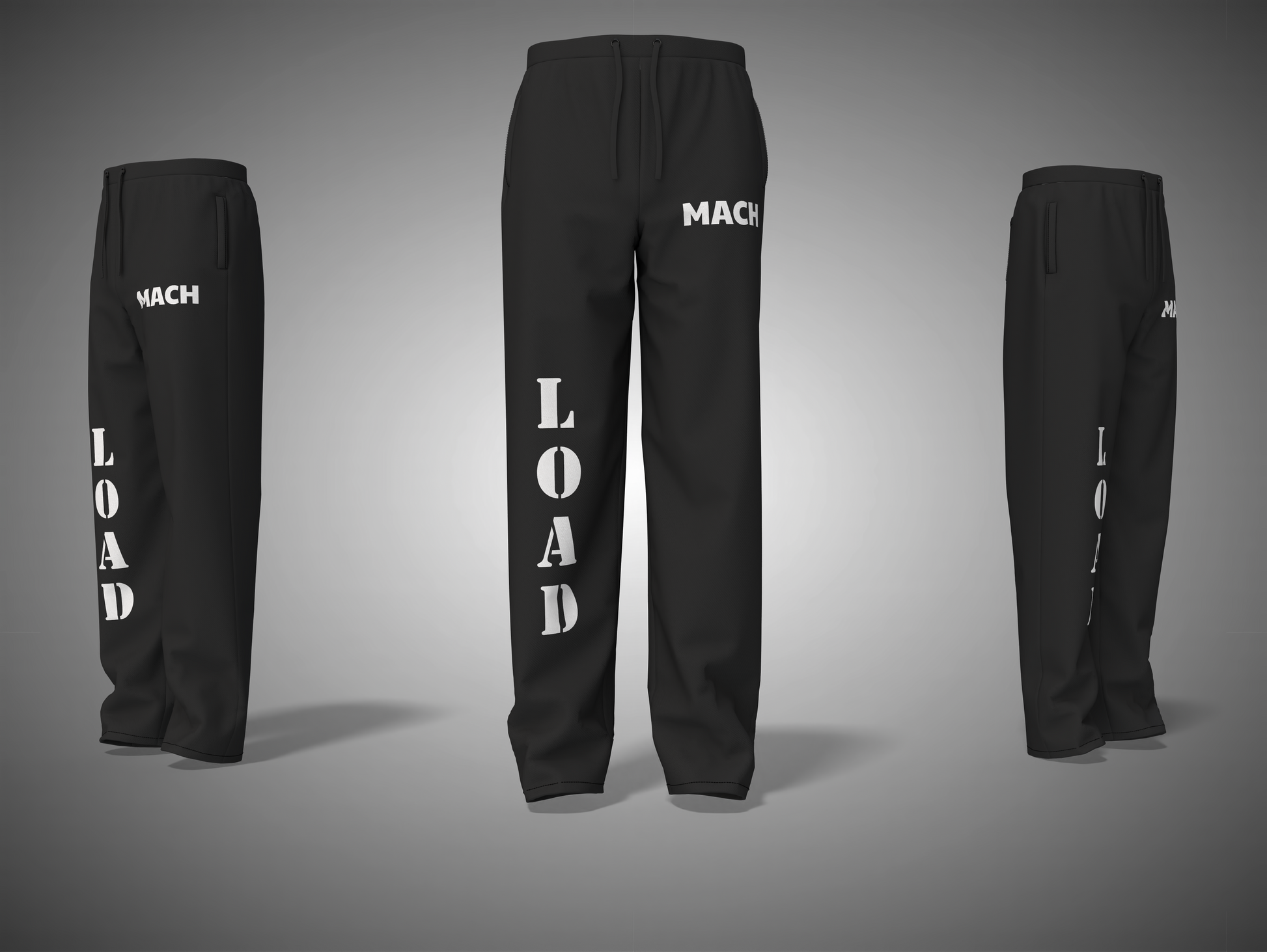 Black pants with 'MACH' and 'LOAD' text on a gray background