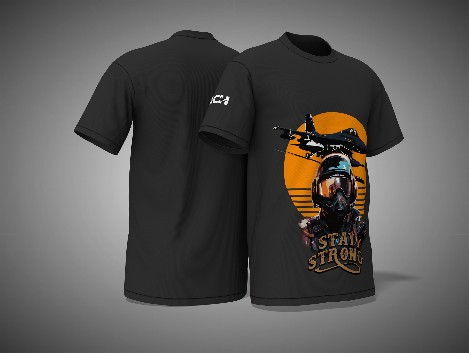 Black t-shirt with a graphic design of a person on a motorcycle and 'Stay Strong' text, displayed on a gray background.