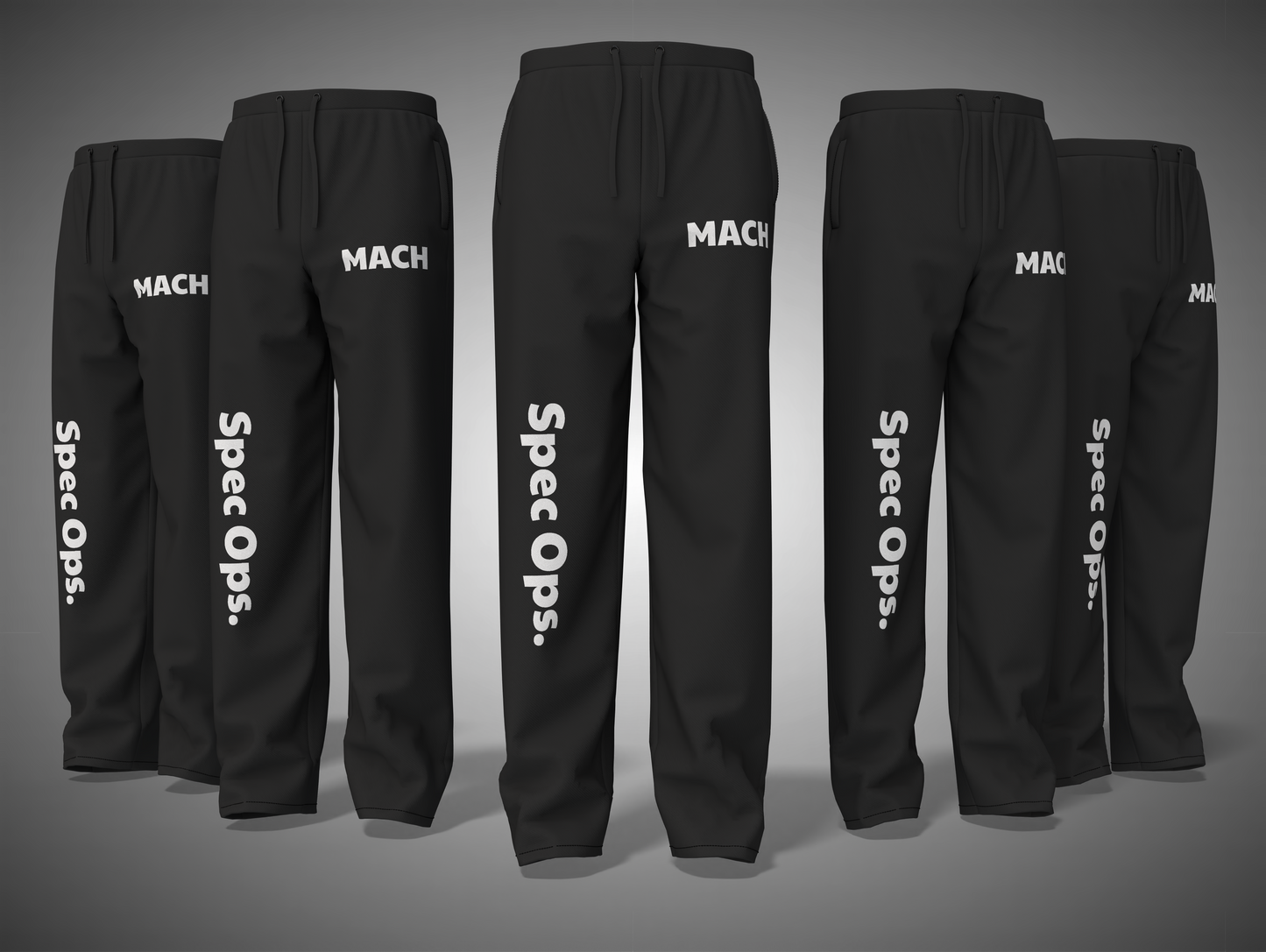 Black sweatpants with 'MACH' and 'Spec Ops.' text on a gray background