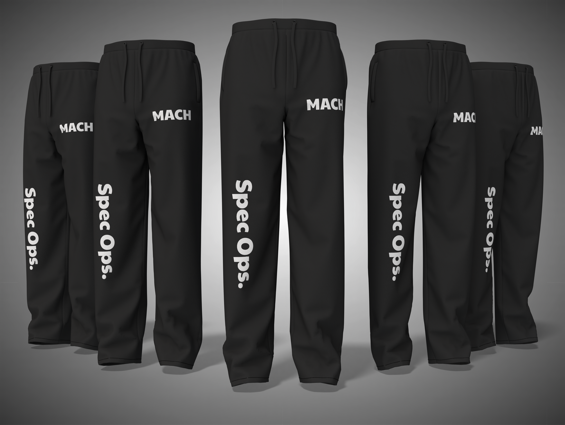 Black sweatpants with 'MACH' and 'Spec Ops.' text on a gray background