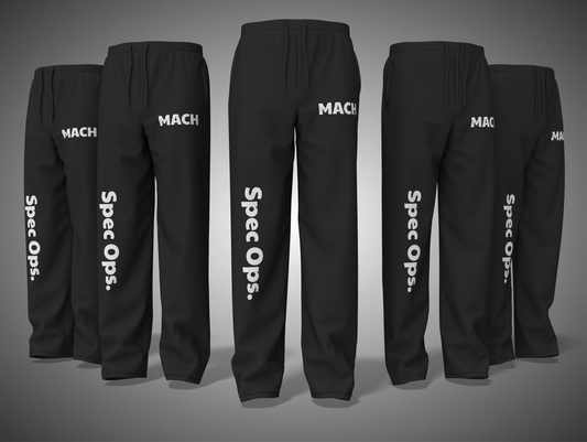 Black sweatpants with 'MACH' and 'Spec Ops.' text on a gray background
