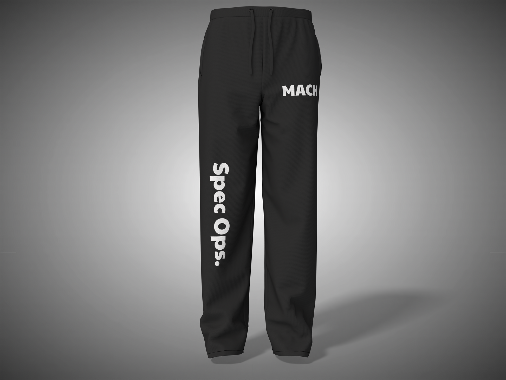 Black pants with 'MACH' and 'Spec Ops.' text on a gray background