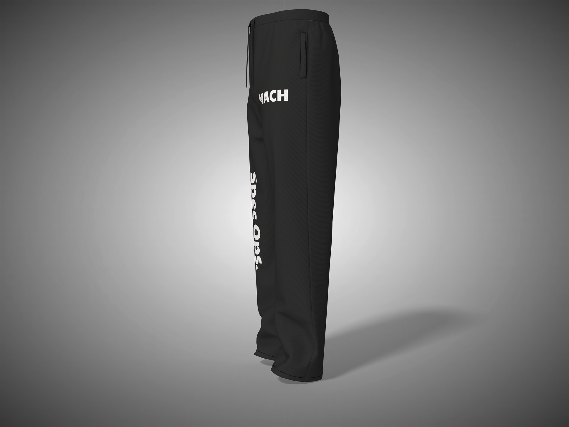 Black sweatpants with white text on a gray background