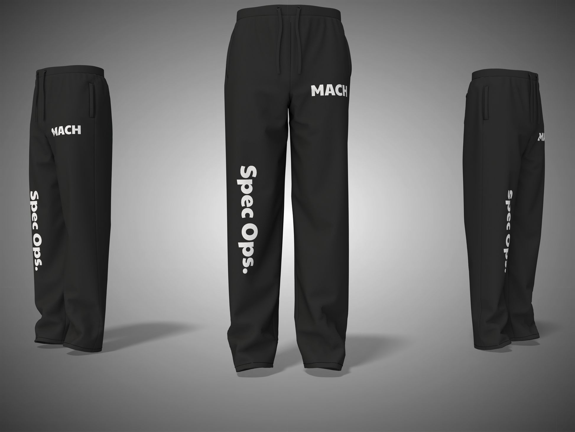 Black pants with 'Spec Ops.' and 'MACH' branding on a gray background