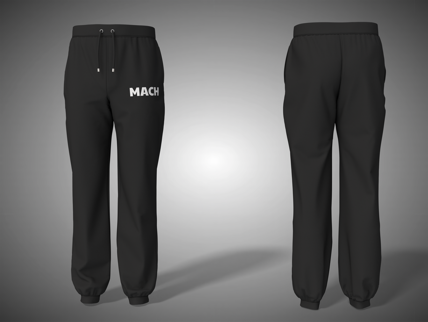 Black sweatpants with 'MACH' branding on a gray background