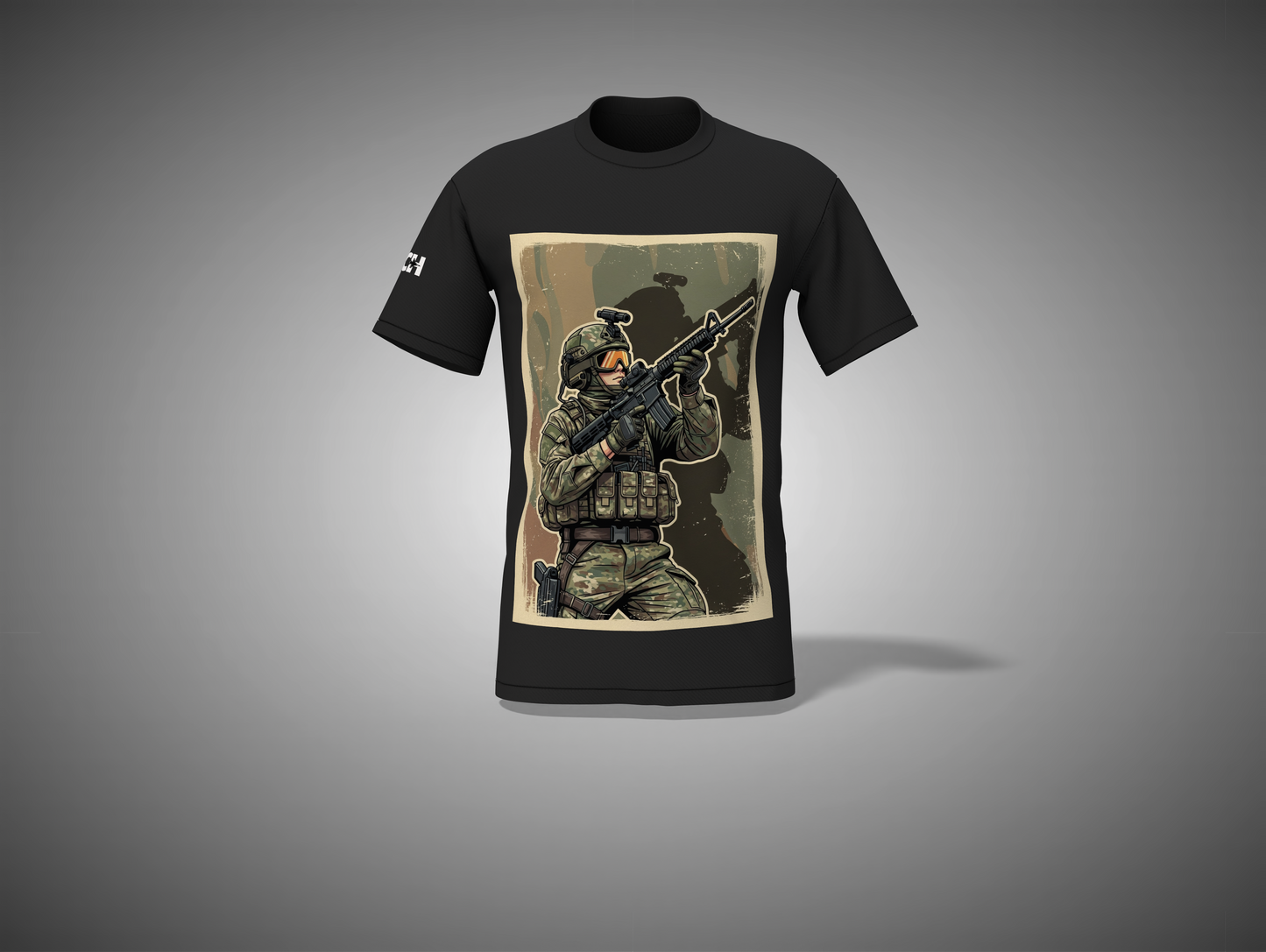 Black t-shirt with a graphic of a soldier holding a rifle on a gray background