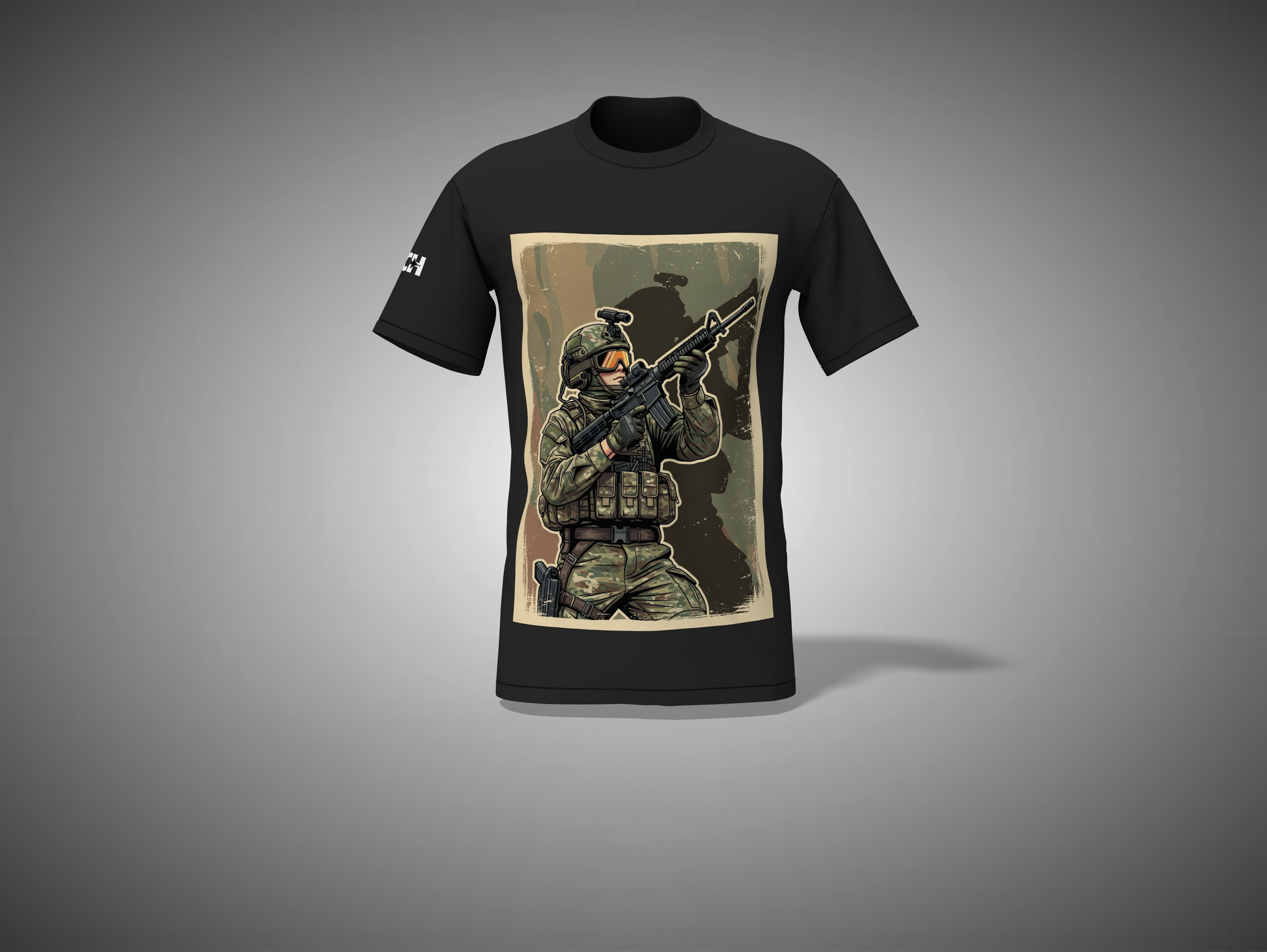 Black t-shirt with a graphic of a soldier holding a rifle on a gray background