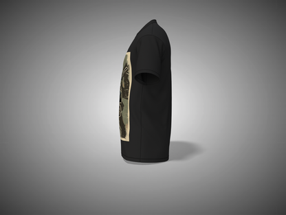 Black t-shirt with a gold and green graphic on a gray background