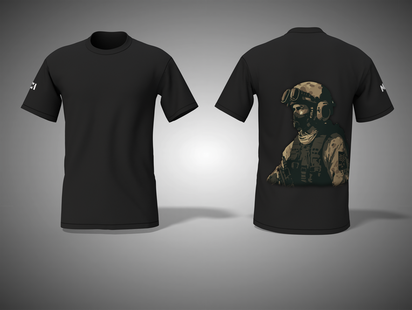 Black t-shirt with a graphic of a person in tactical gear on the back, shown from front and back views.