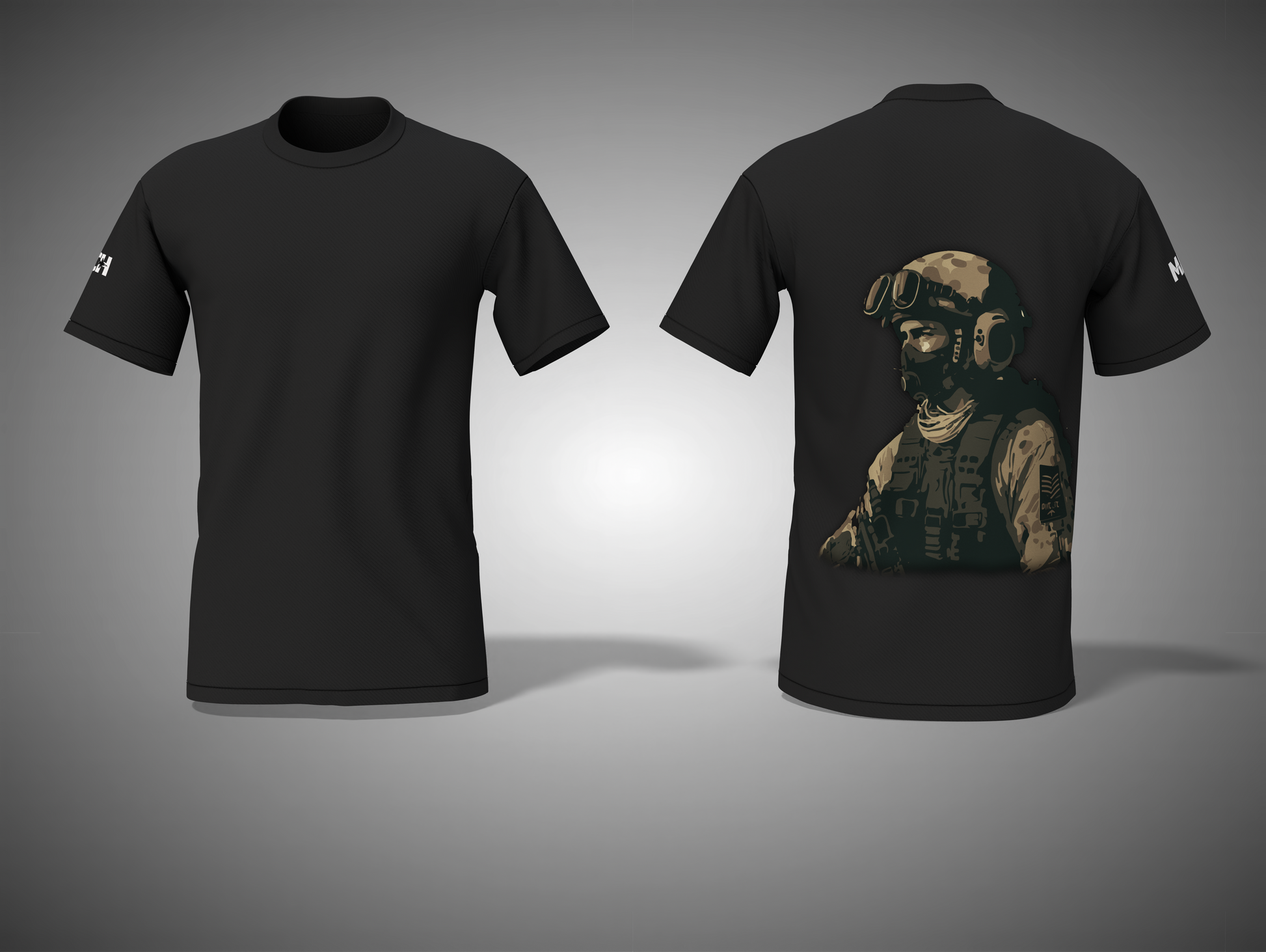 Black t-shirt with a graphic of a person in tactical gear on the back, shown from front and back views.