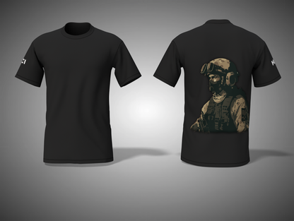 Black t-shirt with a graphic of a person in tactical gear on the back, shown from front and back views.