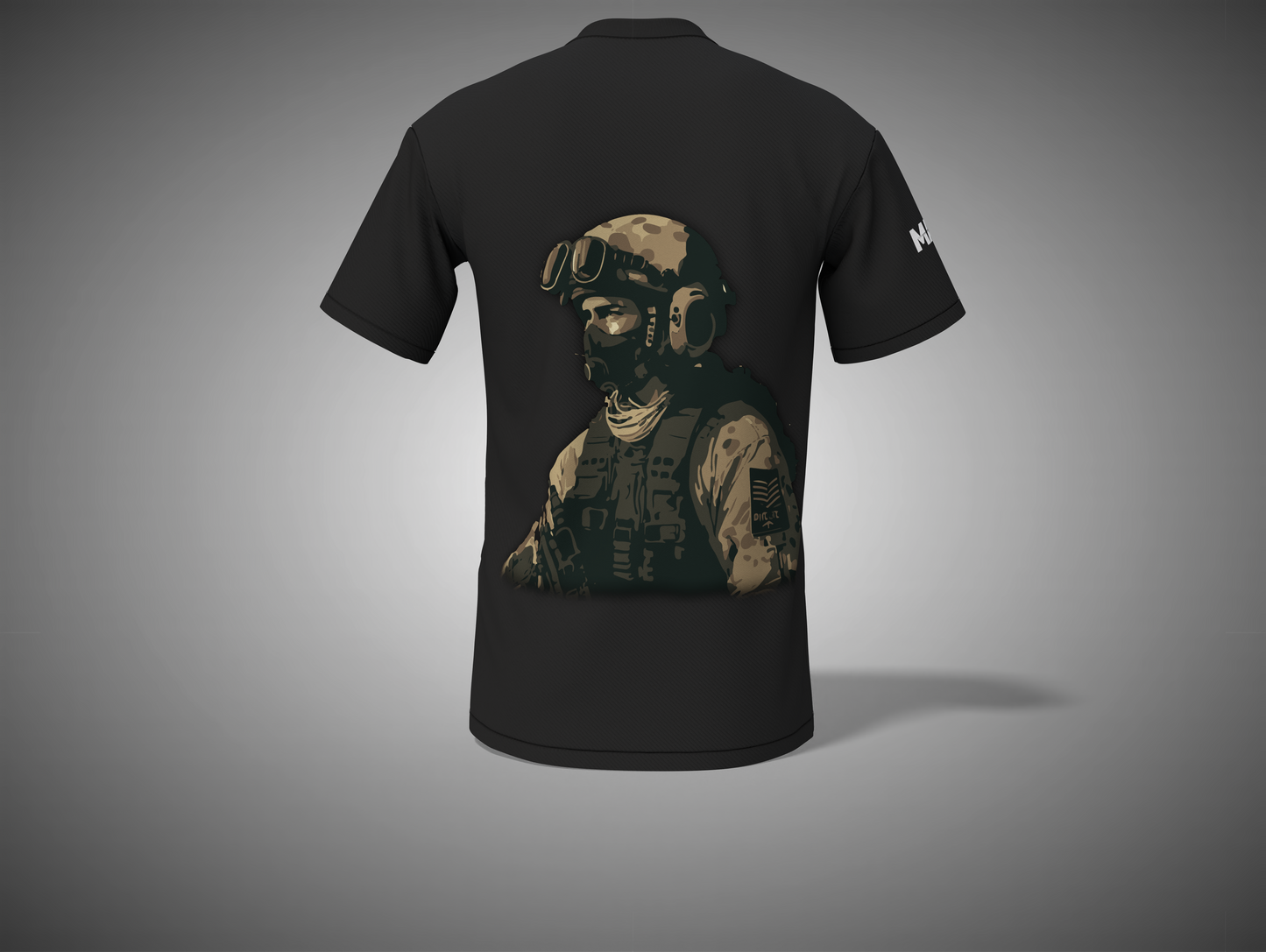 Black t-shirt with a graphic of a soldier on the back against a gray background