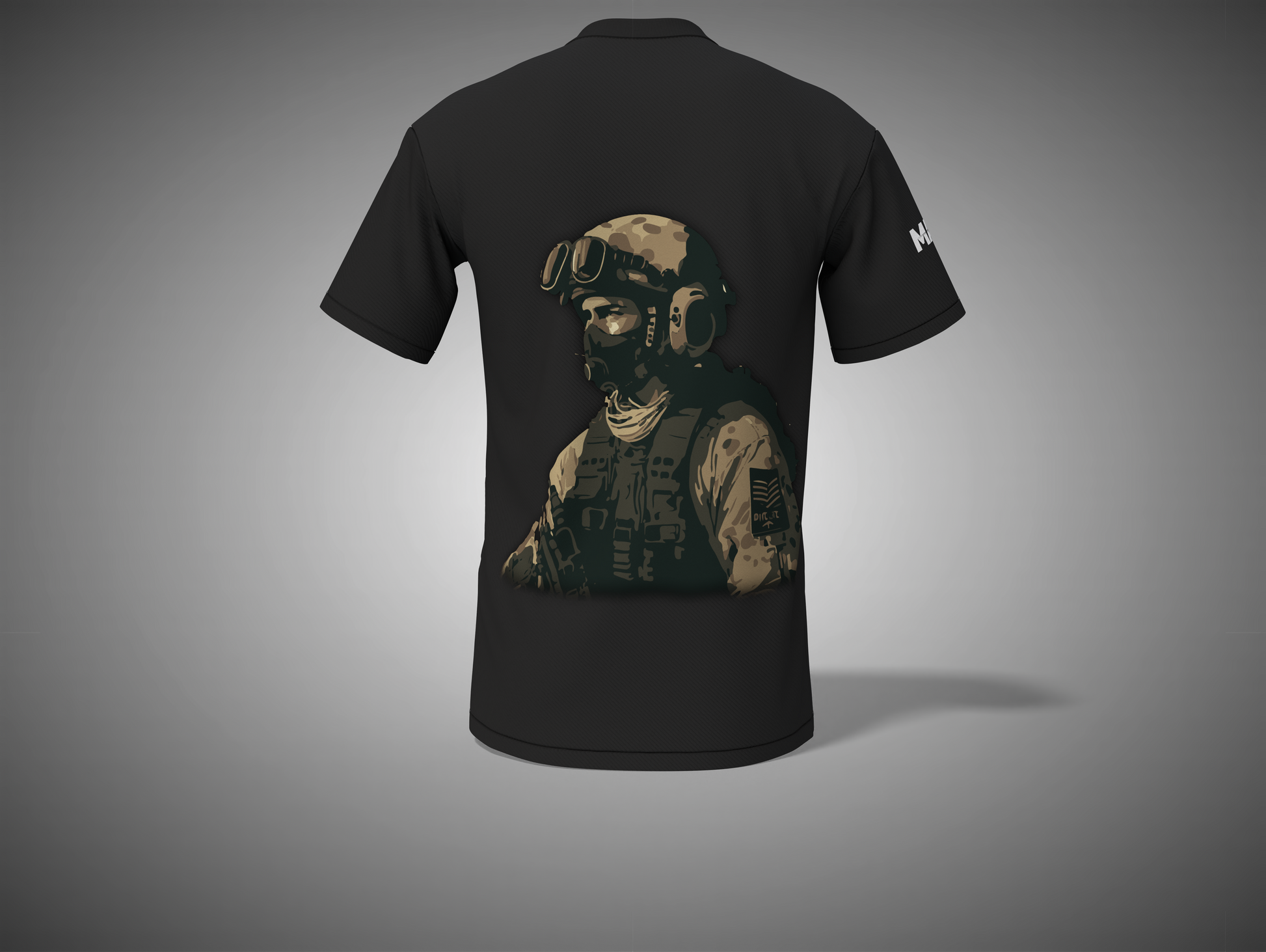 Black t-shirt with a graphic of a soldier on the back against a gray background