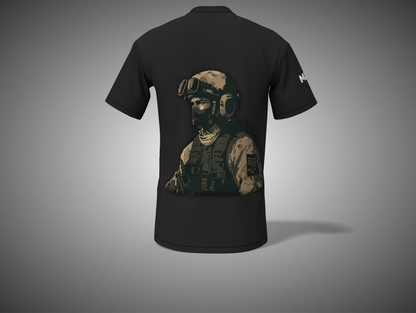 Black t-shirt with a graphic of a soldier on the back against a gray background