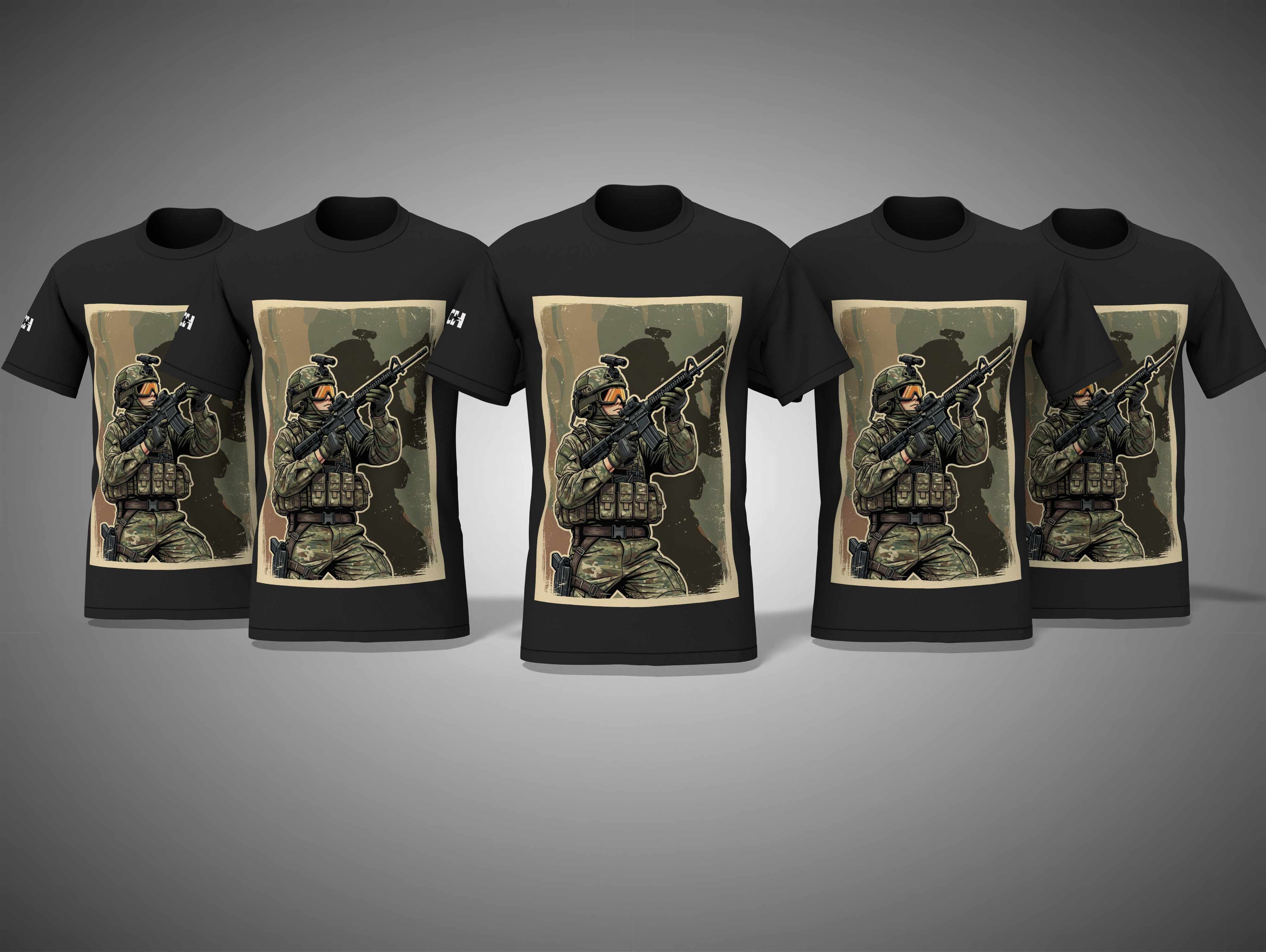 black t-shirts with military-themed graphic designs on a gray background