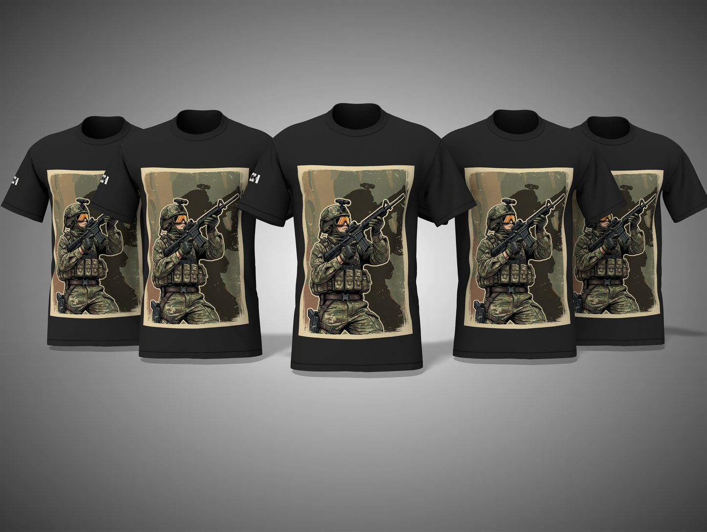 black t-shirts with military-themed graphic designs on a gray background