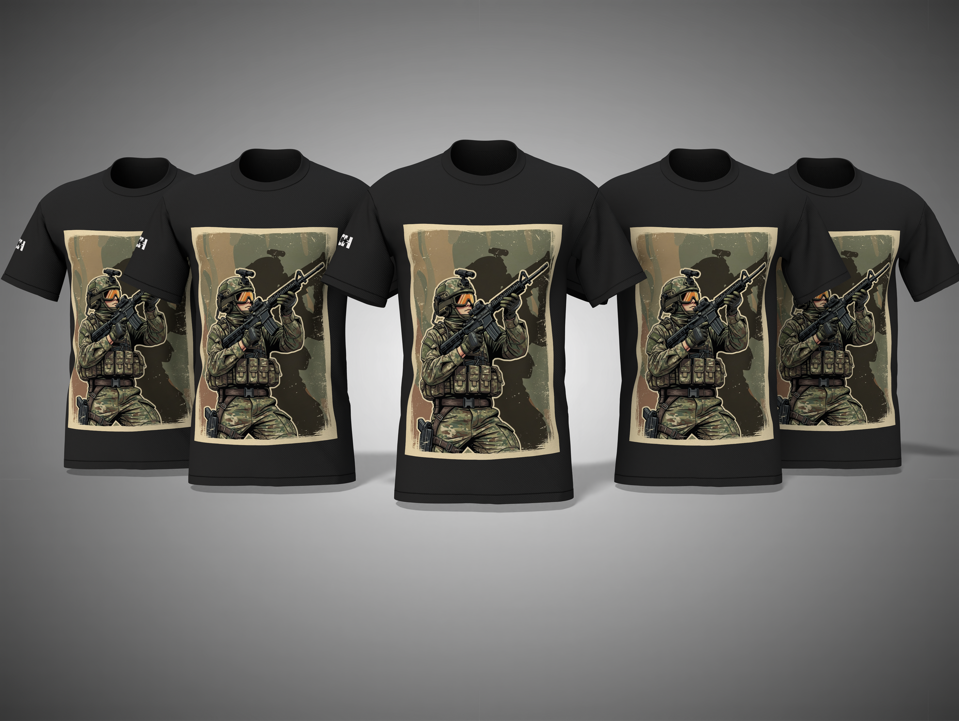 black t-shirts with military-themed graphic designs on a gray background