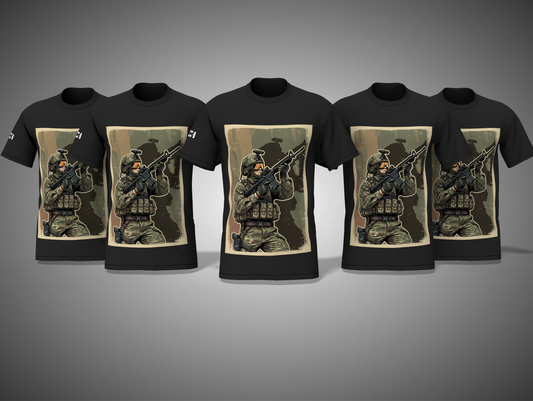 black t-shirts with military-themed graphic designs on a gray background