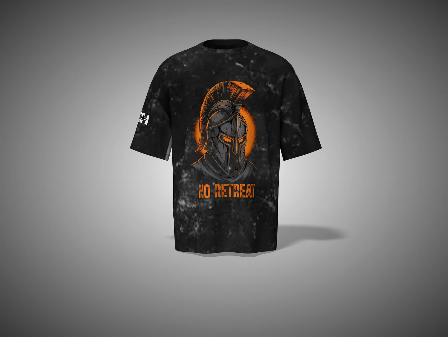 Black t-shirt with orange Spartan helmet graphic and 'No Retreat' text on a gray background