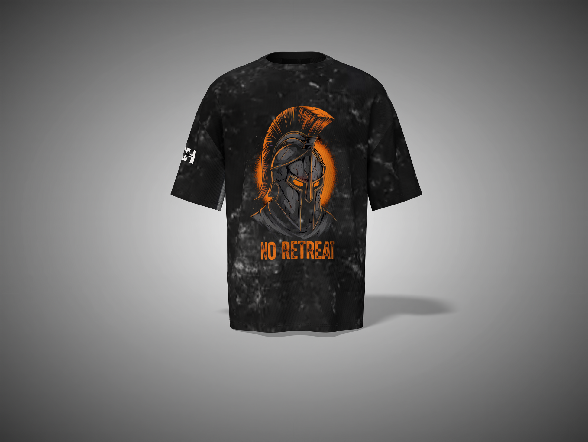 Black t-shirt with orange Spartan helmet graphic and 'No Retreat' text on a gray background