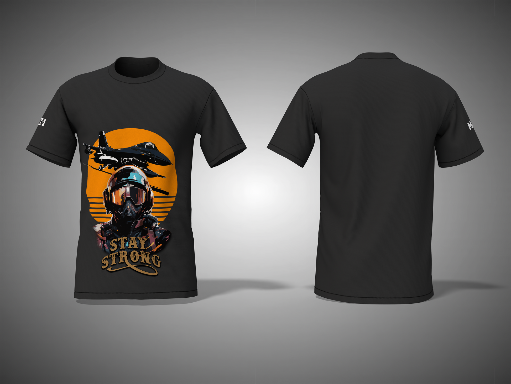 Black t-shirt with a graphic design and 'Stay Strong' text on a gray background