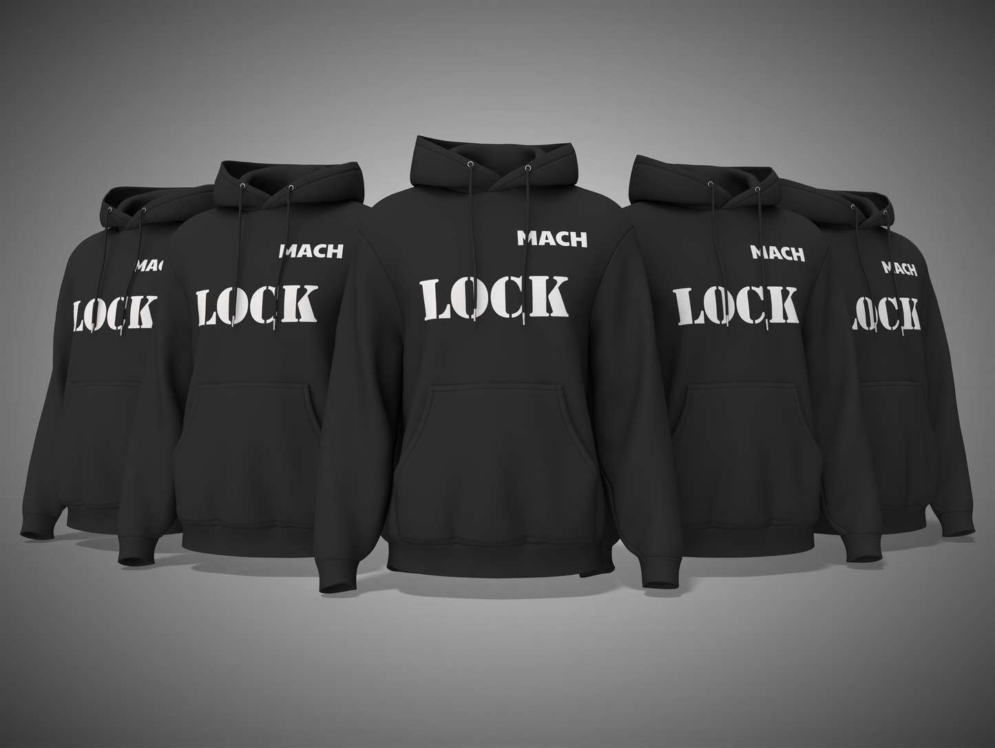 black hoodies with 'LOCK' and 'MACH' branding on a gray background