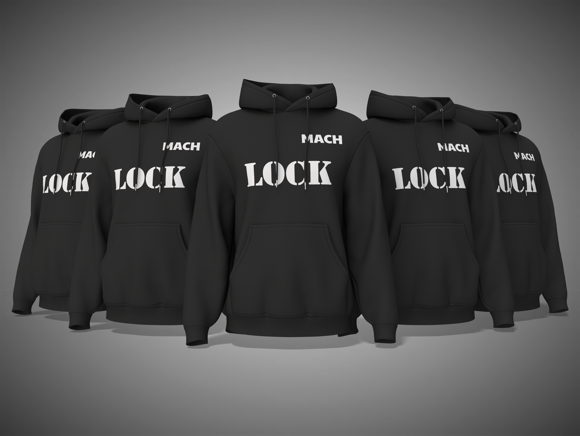 black hoodies with 'LOCK' and 'MACH' branding on a gray background