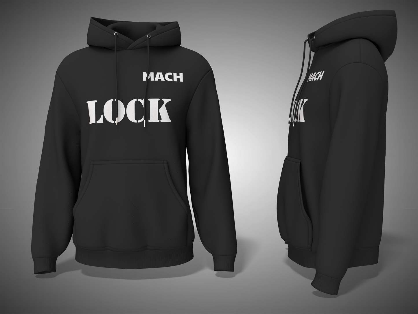 Black hoodie with 'MACH LOCK' text on a gray background