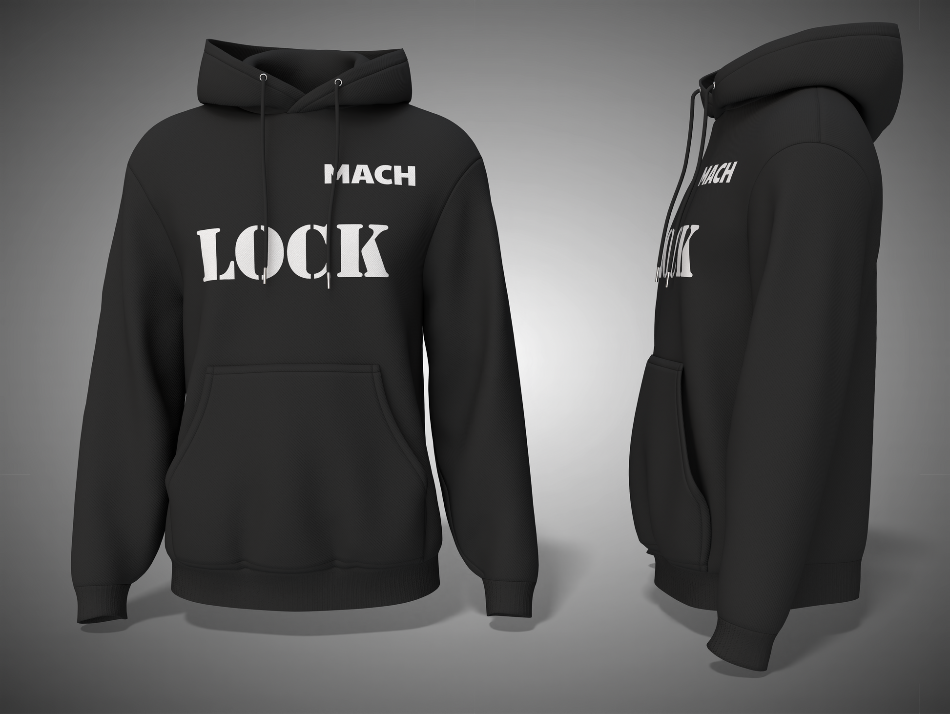 Black hoodie with 'MACH LOCK' text on a gray background