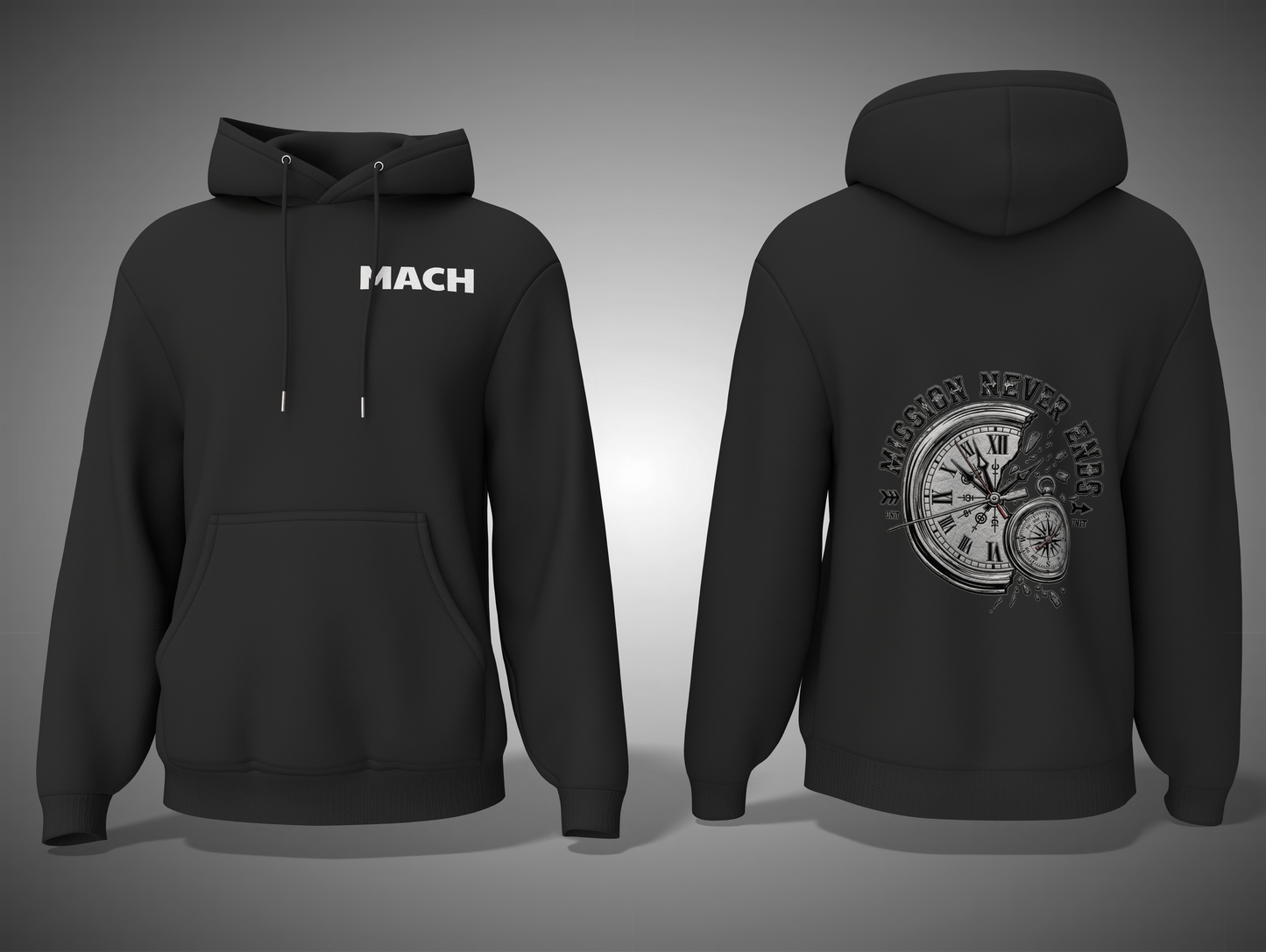 Black hoodie with 'MACH' text on front and clock design on back, shown from front and back views.