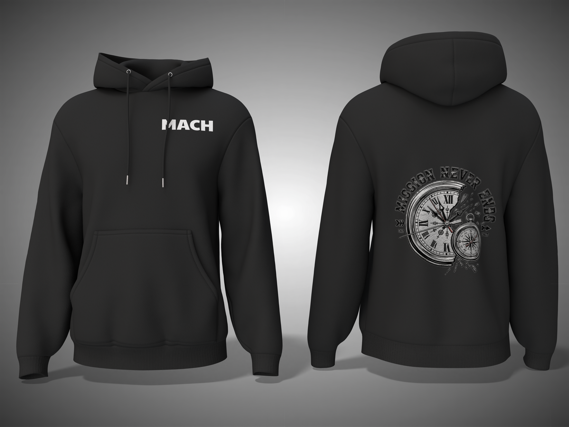 Black hoodie with 'MACH' text on front and clock design on back, shown from front and back views.
