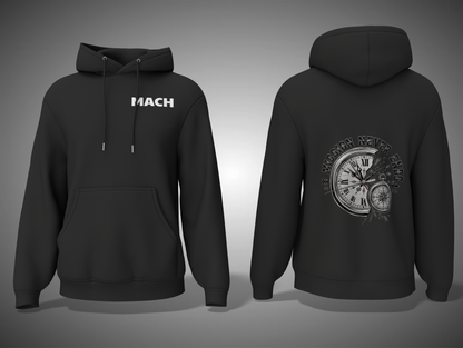 Black hoodie with 'MACH' text on front and clock design on back, shown from front and back views.