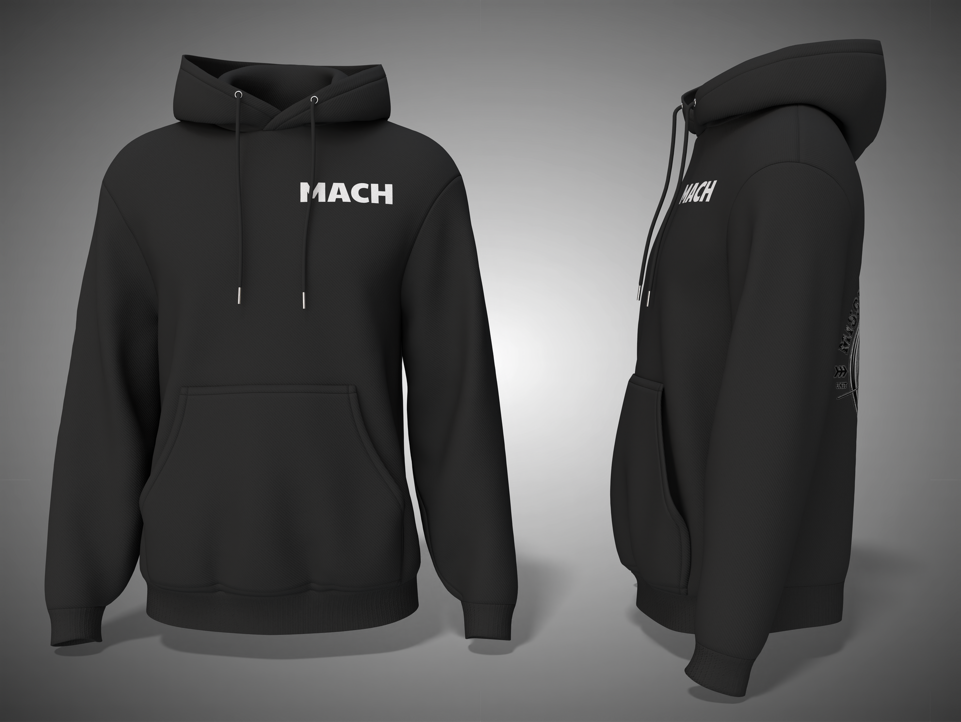 Black hoodie with 'MACH' branding on a gray background