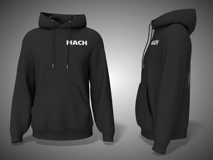 Black hoodie with 'MACH' branding on a gray background